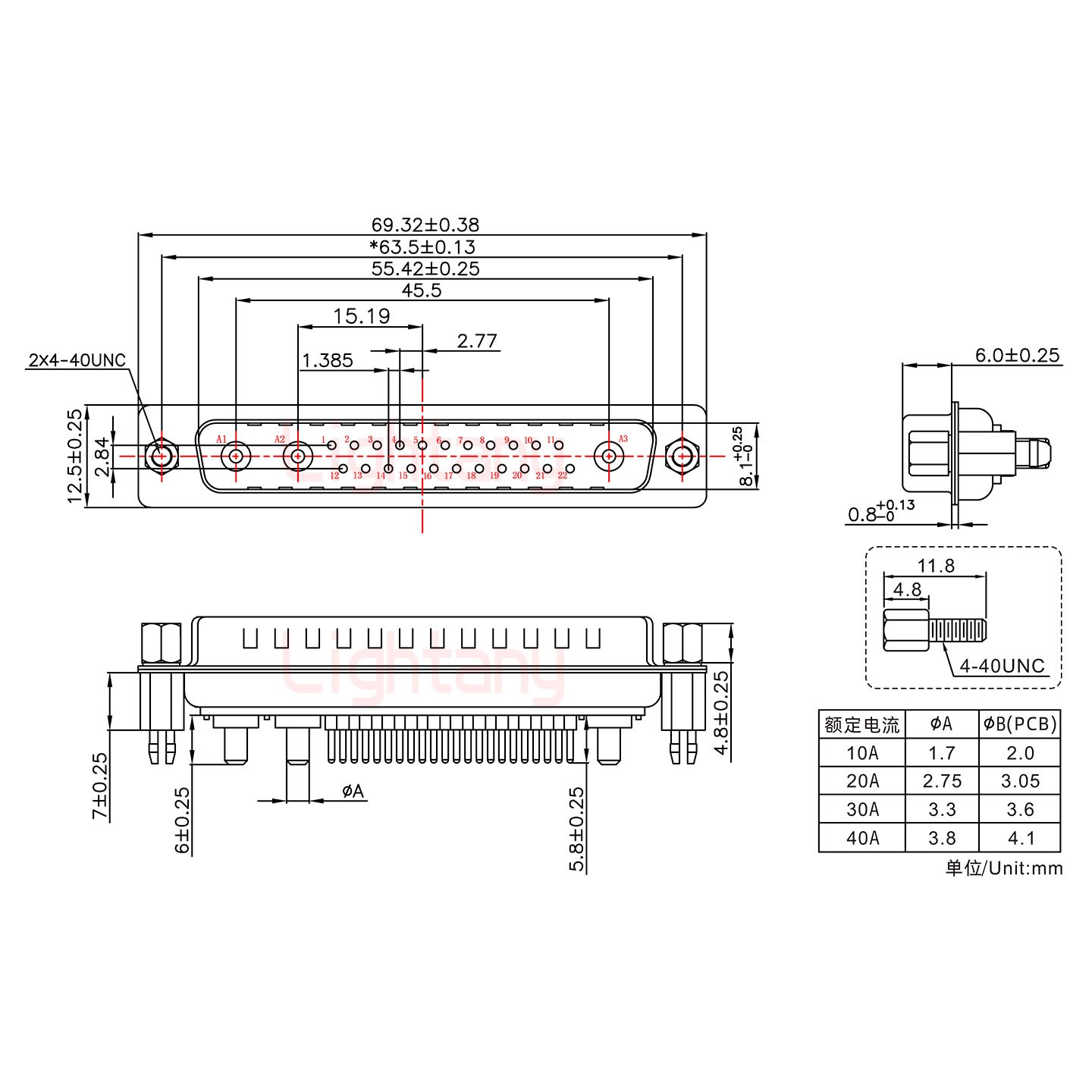 25W3公PCB直插板/鉚魚叉7.0/大電流20A