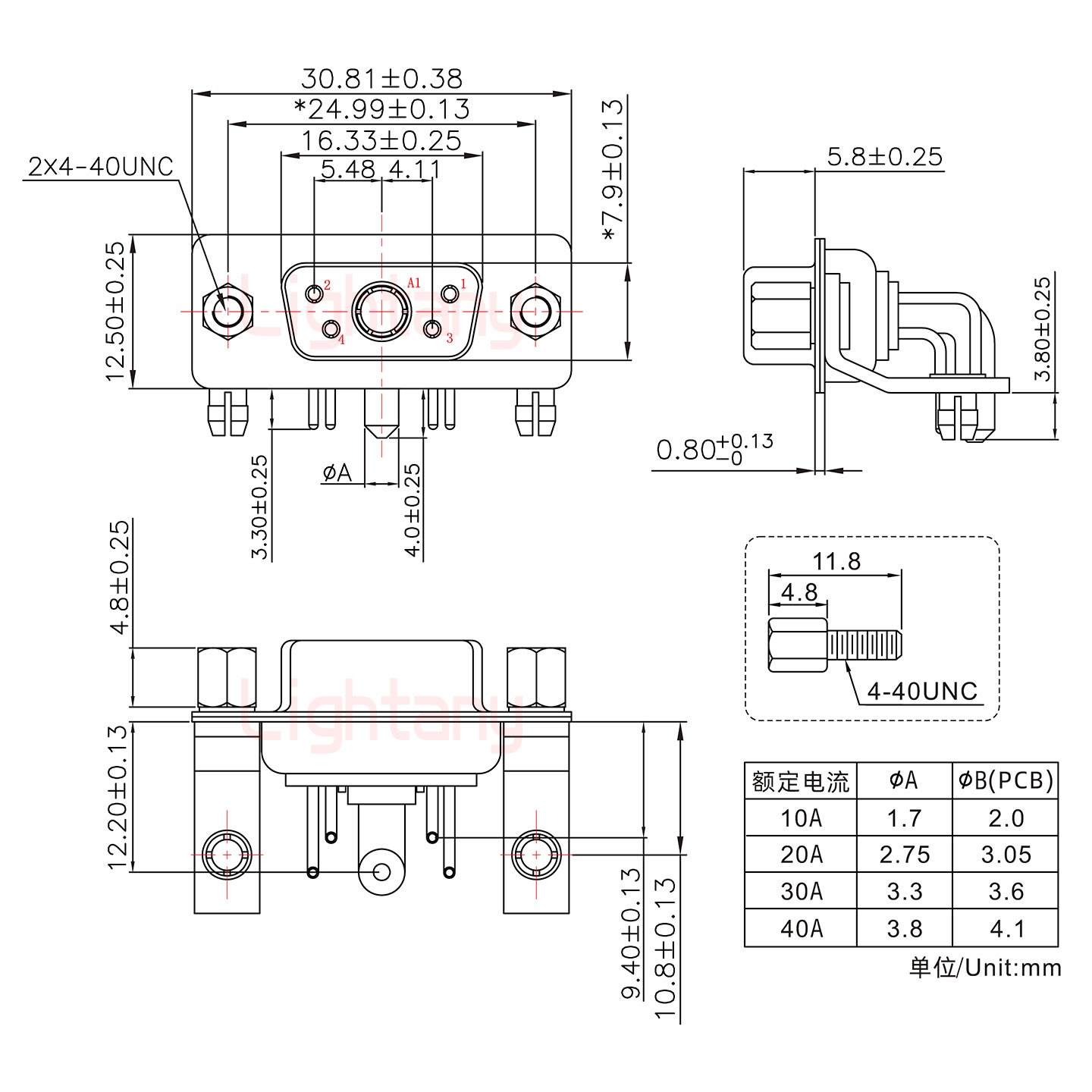 5W1母PCB彎插板/鉚支架10.8/大電流40A