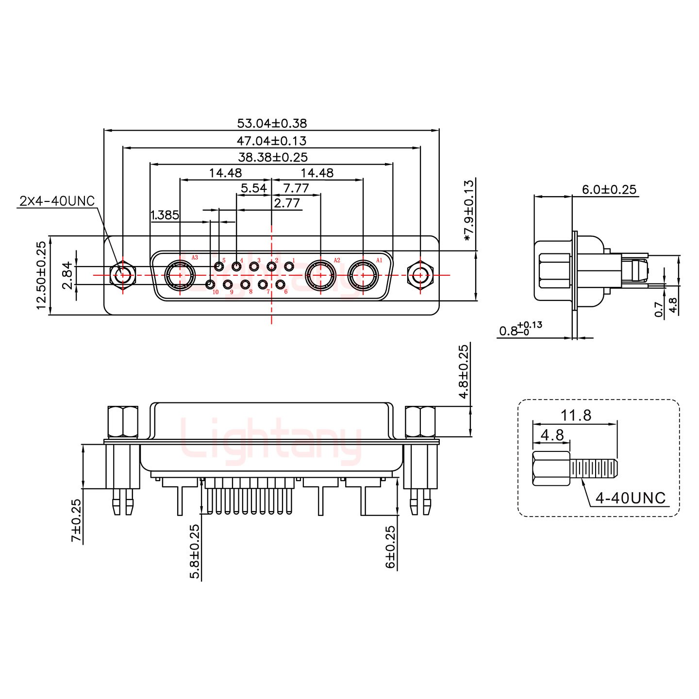 13W3母PCB直插板/鉚魚叉7.0/射頻同軸50歐姆