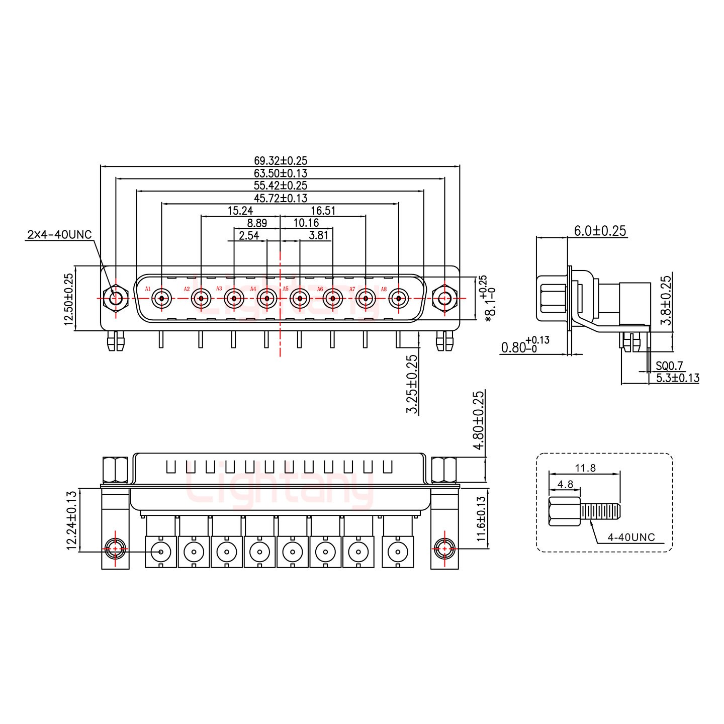 8W8公PCB彎插板/鉚支架11.6/射頻同軸75歐姆