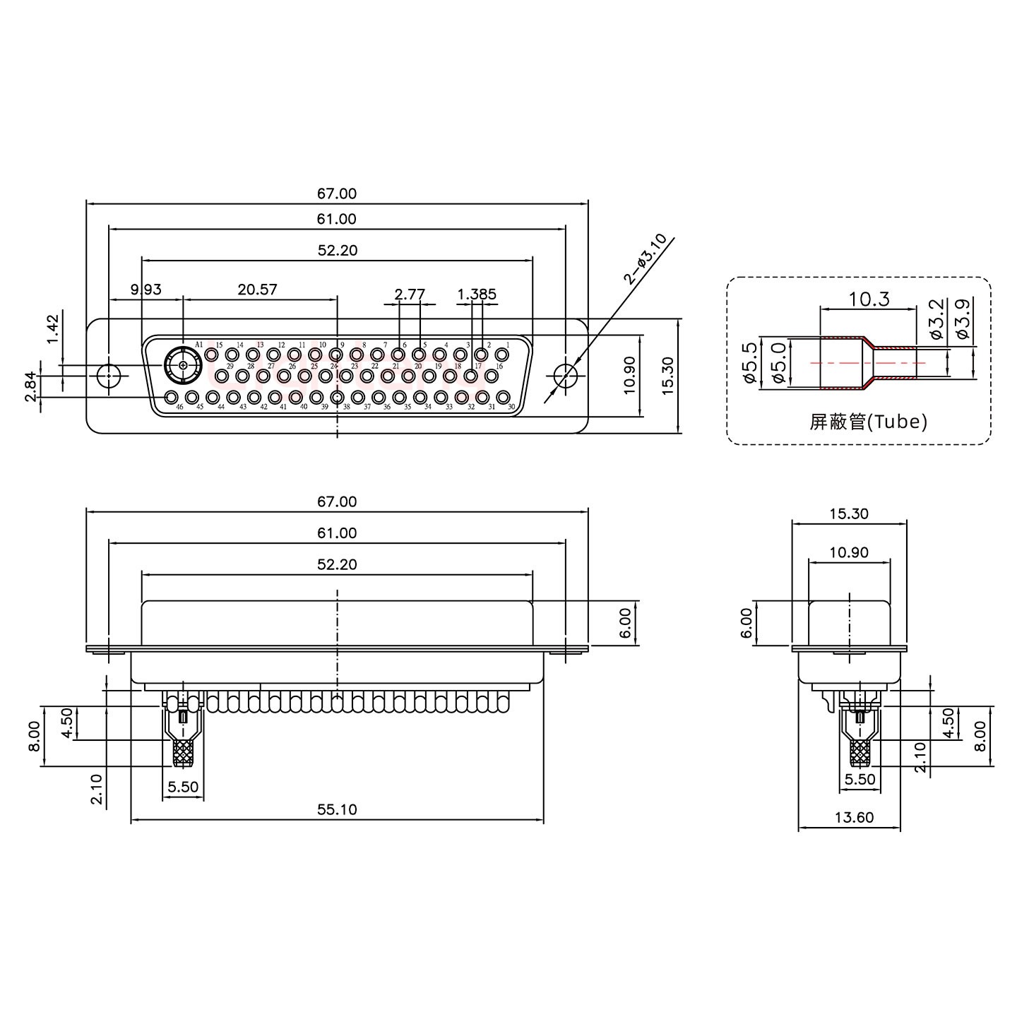 43W2母焊線(xiàn)式75歐姆+50P金屬外殼2808直出線(xiàn)13~19mm