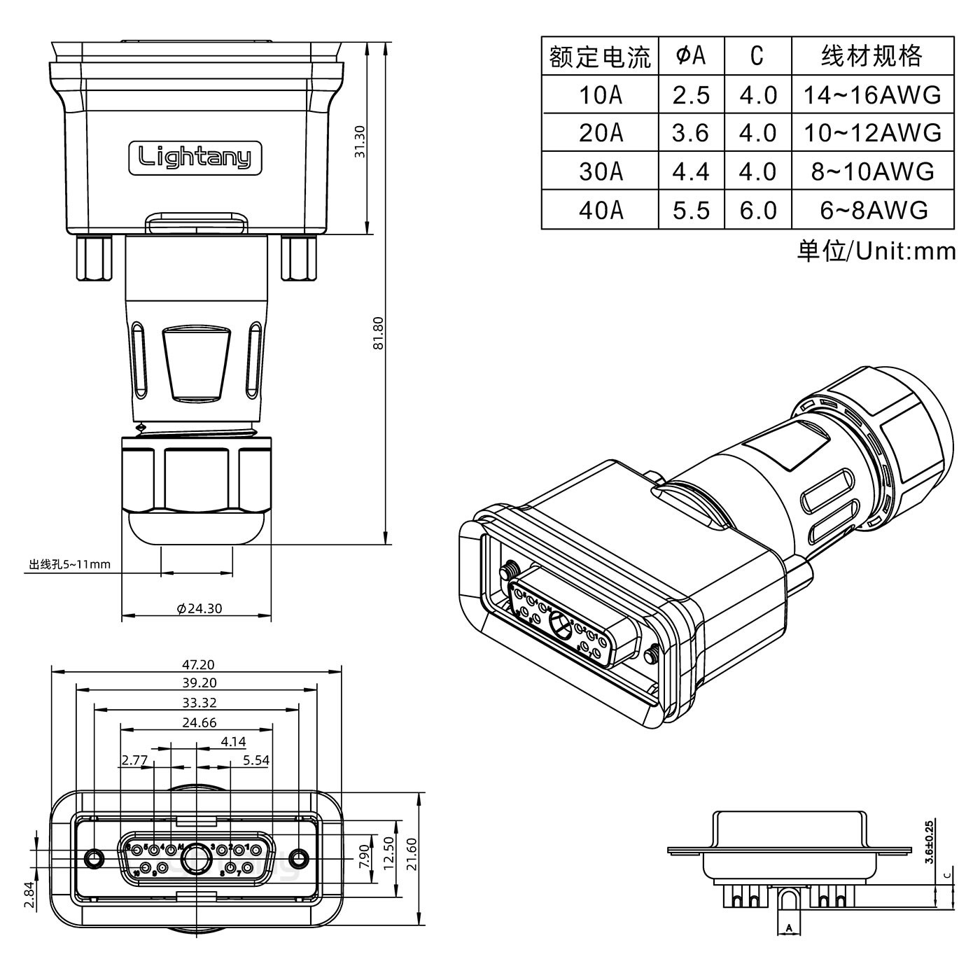 11W1母頭焊線(xiàn)+防水接頭/線(xiàn)徑5~11mm/大電流40A